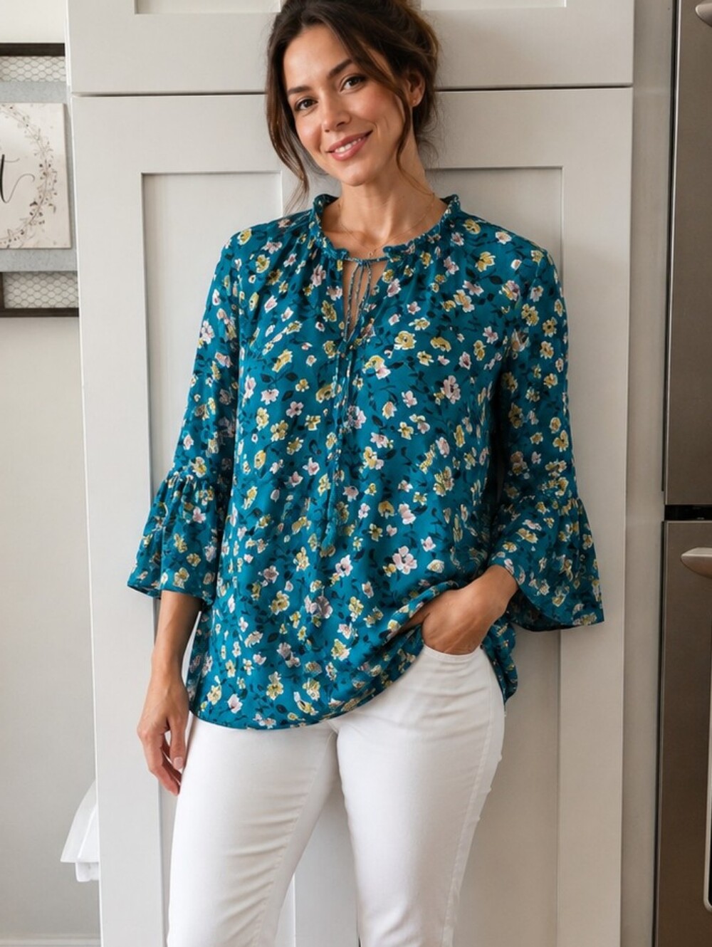 Charming Charlie Floral Blouse XL Teal Boho Ruffle Neck Tie Sleeve Top NWT